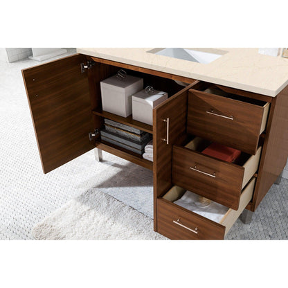 James Martin Metropolitan 48" Single American Walnut Bathroom Vanity With 1" Eternal Marfil Quartz Top and Rectangular Ceramic Sink