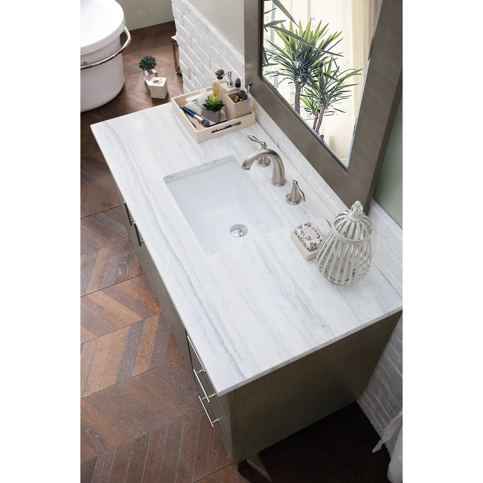 James Martin Metropolitan 48" Single Silver Oak Bathroom Vanity With 1" Arctic Fall Solid Surface Top and Rectangular Ceramic Sink