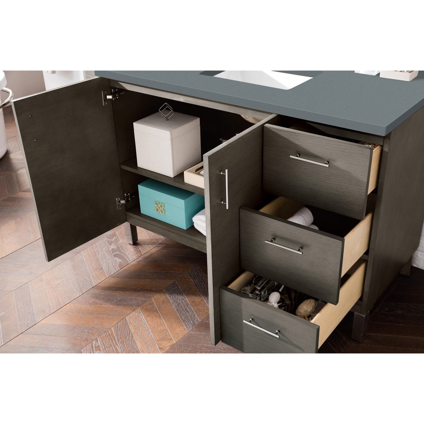 James Martin Metropolitan 48" Single Silver Oak Bathroom Vanity With 1" Cala Blue Quartz Top and Rectangular Ceramic Sink