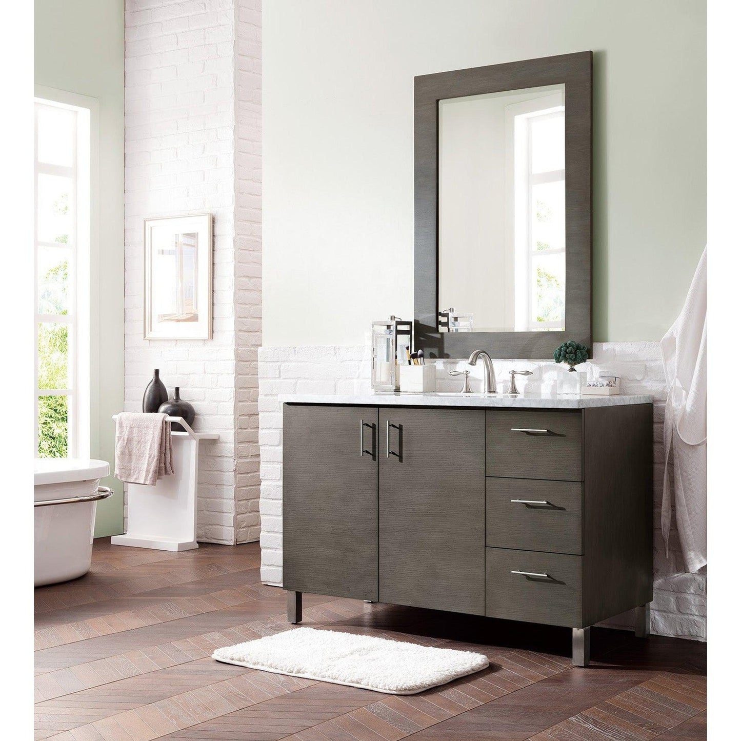 James Martin Metropolitan 48" Single Silver Oak Bathroom Vanity With 1" Carrara Marble Top and Rectangular Ceramic Sink