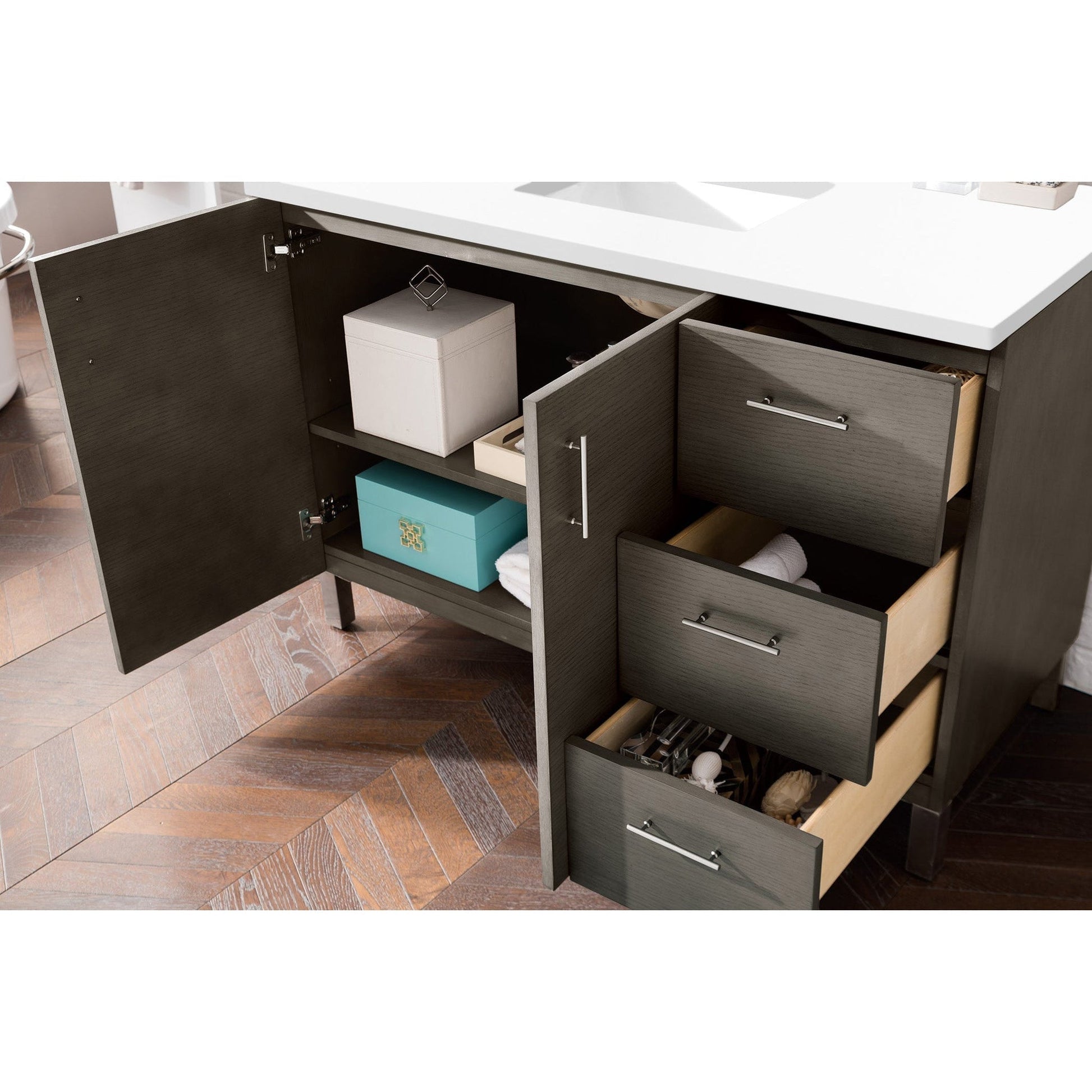 James Martin Metropolitan 48" Single Silver Oak Bathroom Vanity With 1" Classic White Quartz Top and Rectangular Ceramic Sink