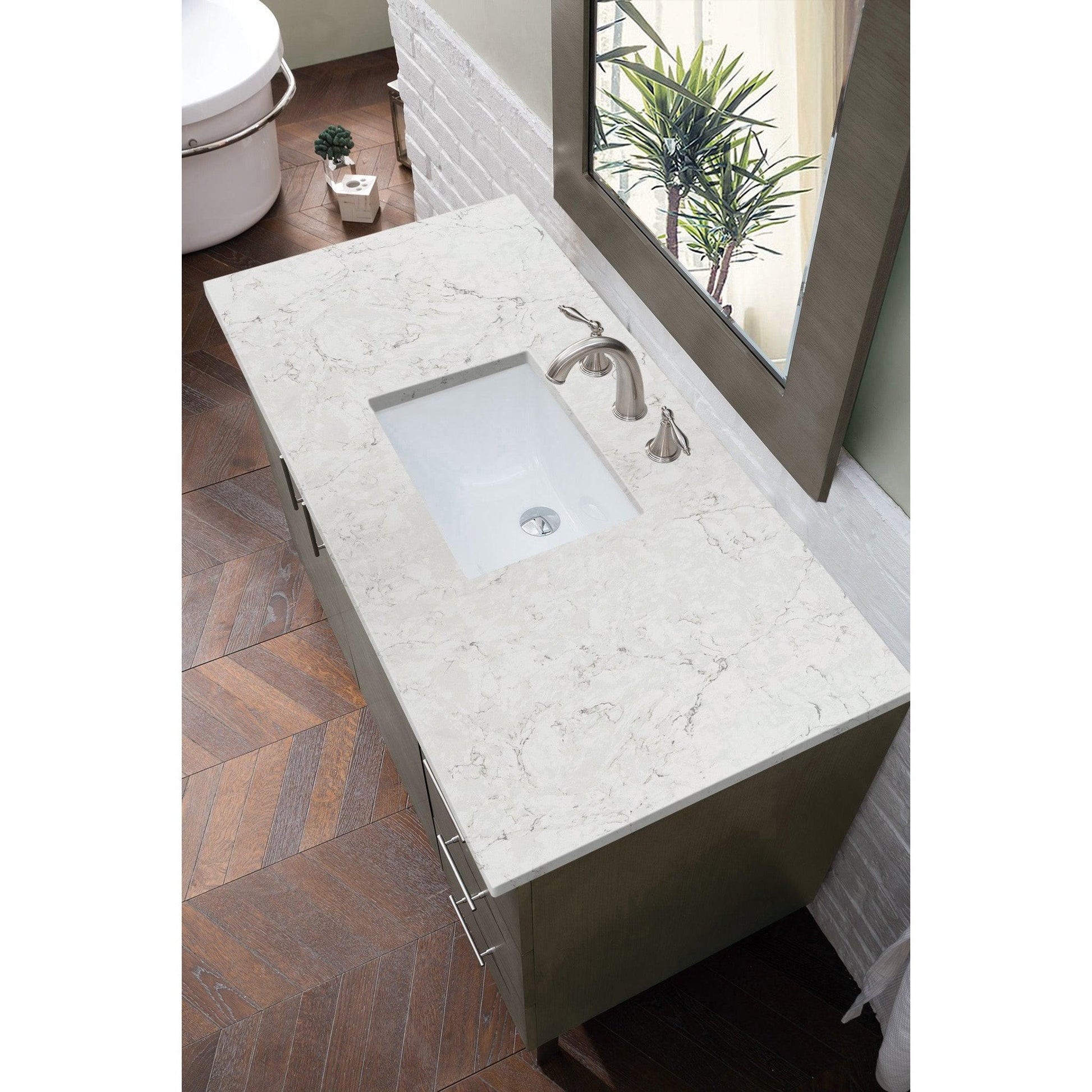 James Martin Metropolitan 48" Single Silver Oak Bathroom Vanity With 1" Eternal Jasmine Pearl Quartz Top and Rectangular Ceramic Sink