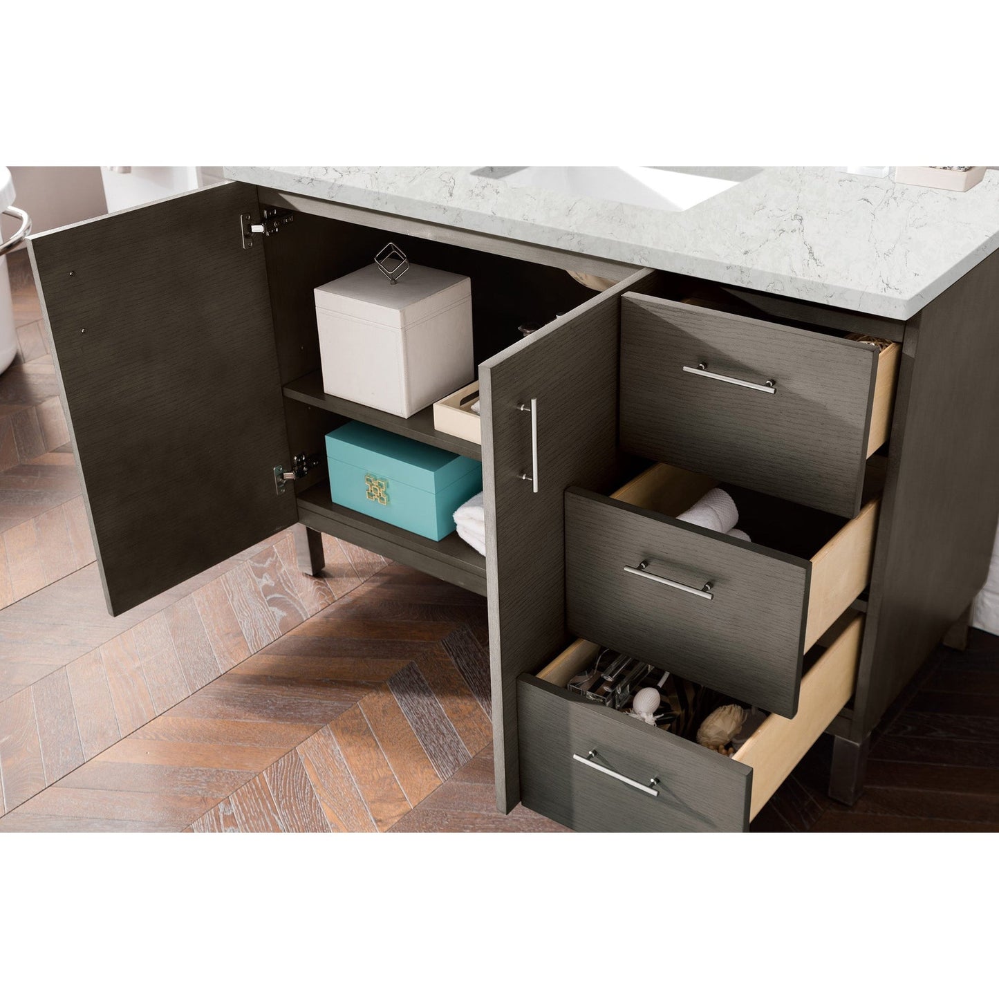 James Martin Metropolitan 48" Single Silver Oak Bathroom Vanity With 1" Eternal Jasmine Pearl Quartz Top and Rectangular Ceramic Sink