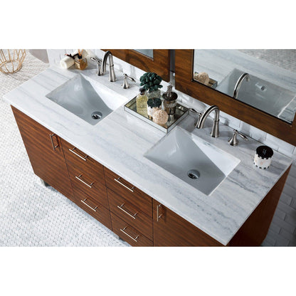 James Martin Metropolitan 60" Double American Walnut Bathroom Vanity With 1" Arctic Fall Solid Surface Top and Rectangular Ceramic Sink