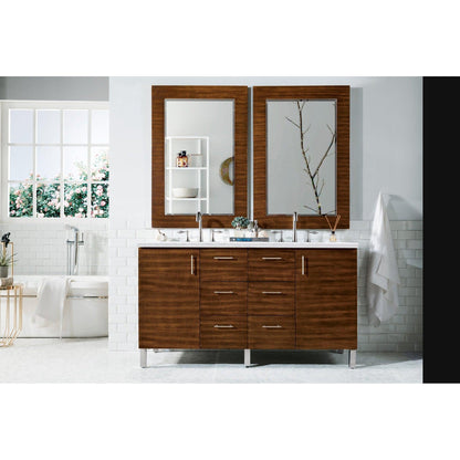 James Martin Metropolitan 60" Double American Walnut Bathroom Vanity With 1" Arctic Fall Solid Surface Top and Rectangular Ceramic Sink