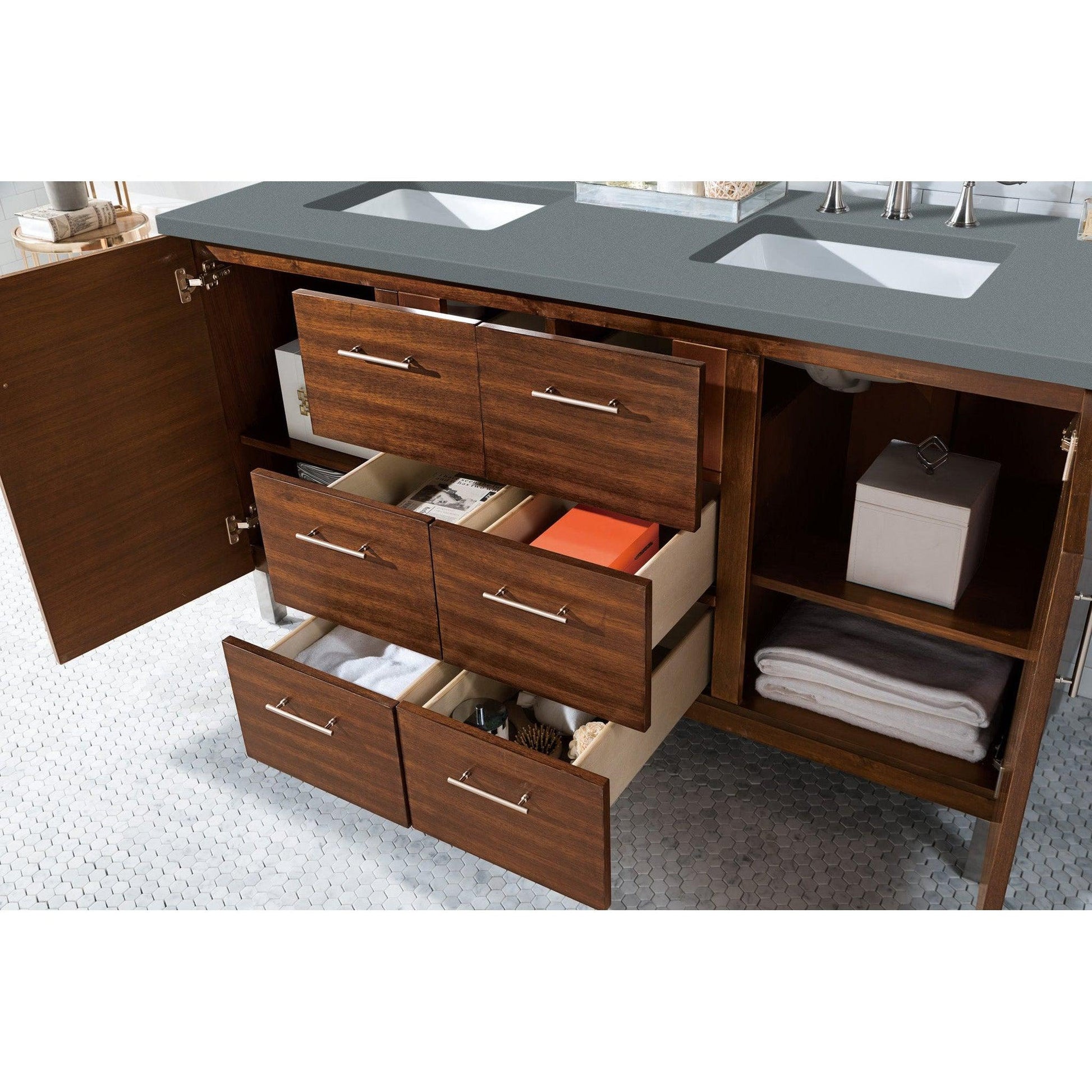 James Martin Metropolitan 60" Double American Walnut Bathroom Vanity With 1" Cala Blue Quartz Top and Rectangular Ceramic Sink