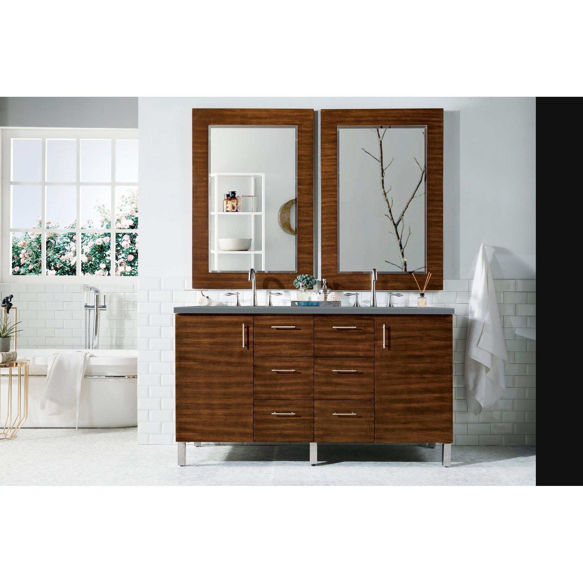 James Martin Metropolitan 60" Double American Walnut Bathroom Vanity With 1" Cala Blue Quartz Top and Rectangular Ceramic Sink