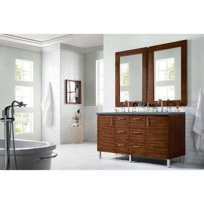 James Martin Metropolitan 60" Double American Walnut Bathroom Vanity With 1" Cala Blue Quartz Top and Rectangular Ceramic Sink