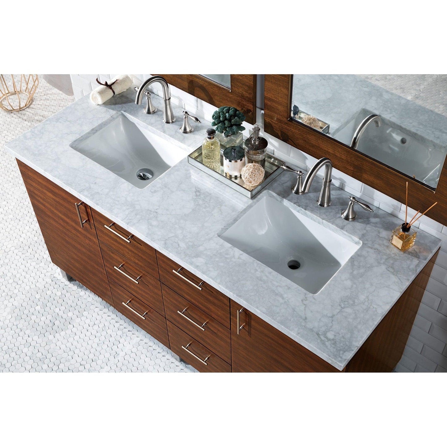 James Martin Metropolitan 60" Double American Walnut Bathroom Vanity With 1" Carrara Marble Top and Rectangular Ceramic Sink