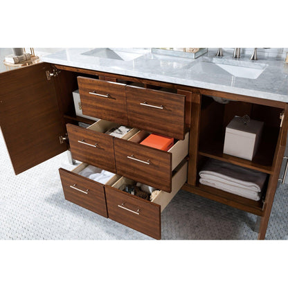 James Martin Metropolitan 60" Double American Walnut Bathroom Vanity With 1" Carrara Marble Top and Rectangular Ceramic Sink