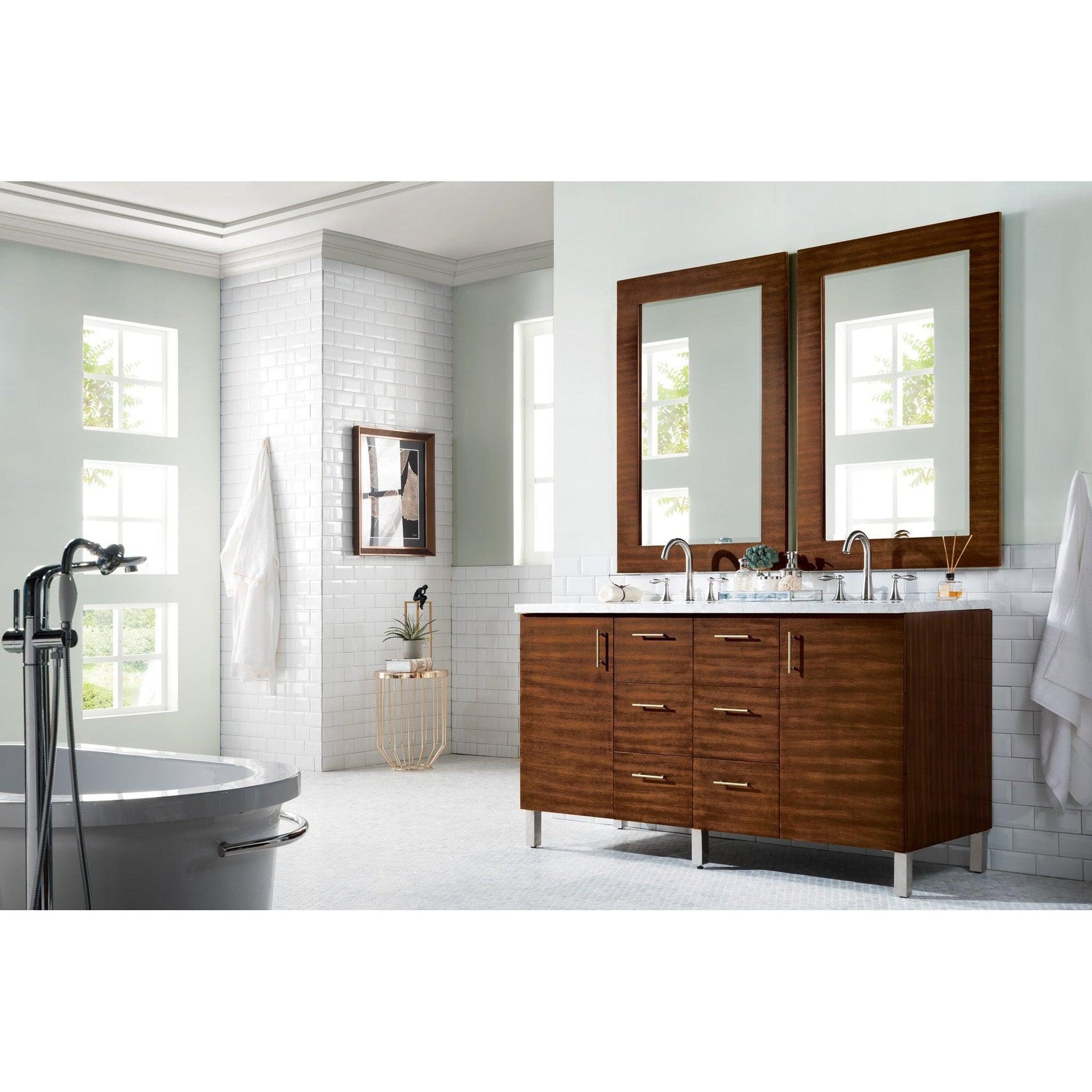 James Martin Metropolitan 60" Double American Walnut Bathroom Vanity With 1" Carrara Marble Top and Rectangular Ceramic Sink