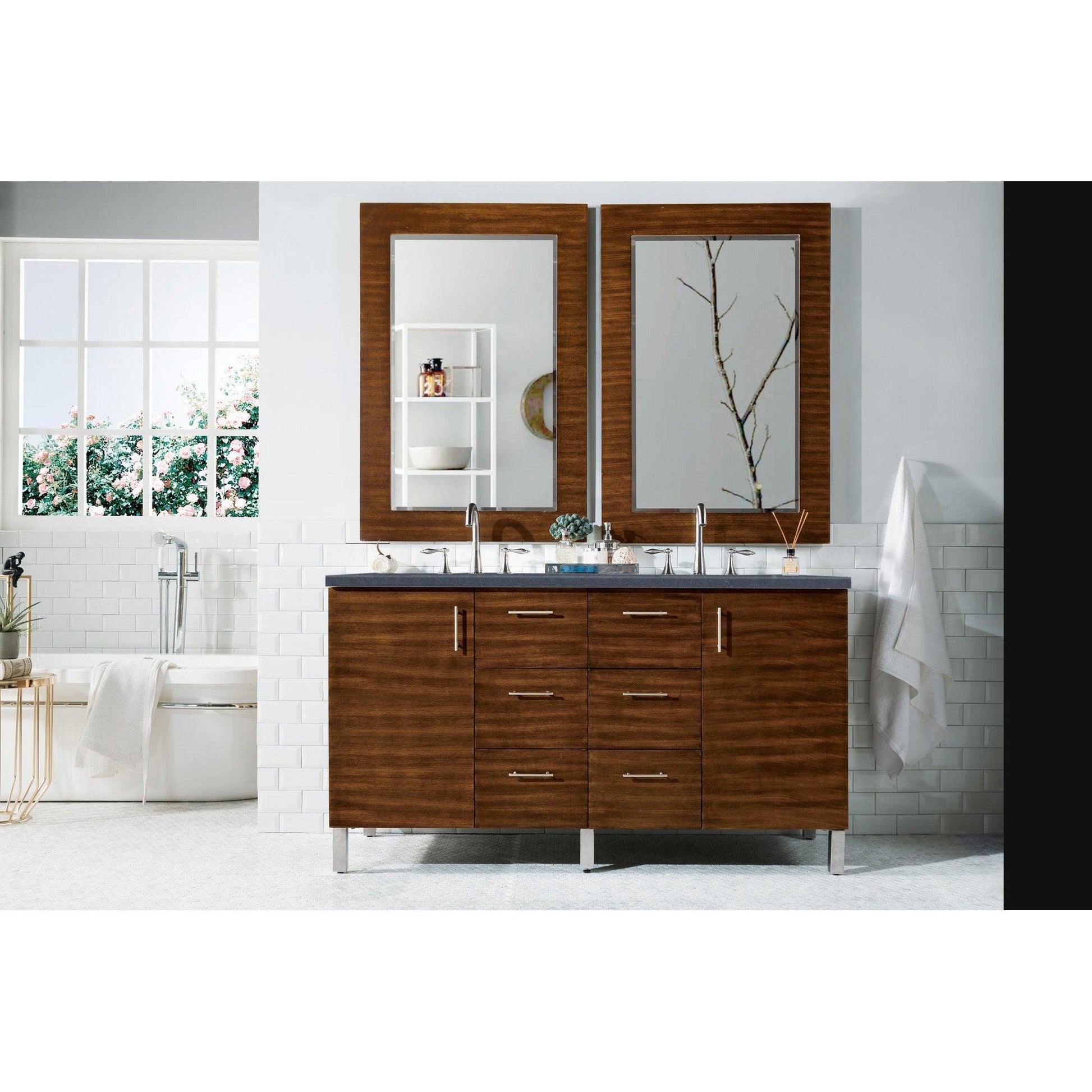 James Martin Metropolitan 60" Double American Walnut Bathroom Vanity With 1" Charcoal Soapstone Quartz Top and Rectangular Ceramic Sink