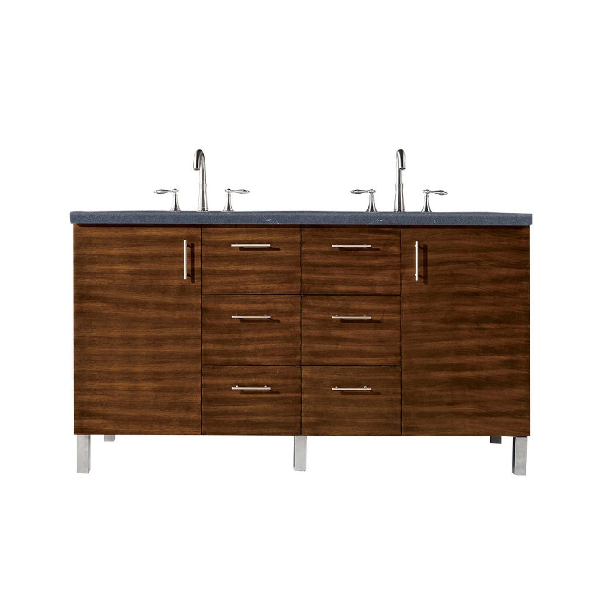 James Martin Metropolitan 60" Double American Walnut Bathroom Vanity With 1" Charcoal Soapstone Quartz Top and Rectangular Ceramic Sink