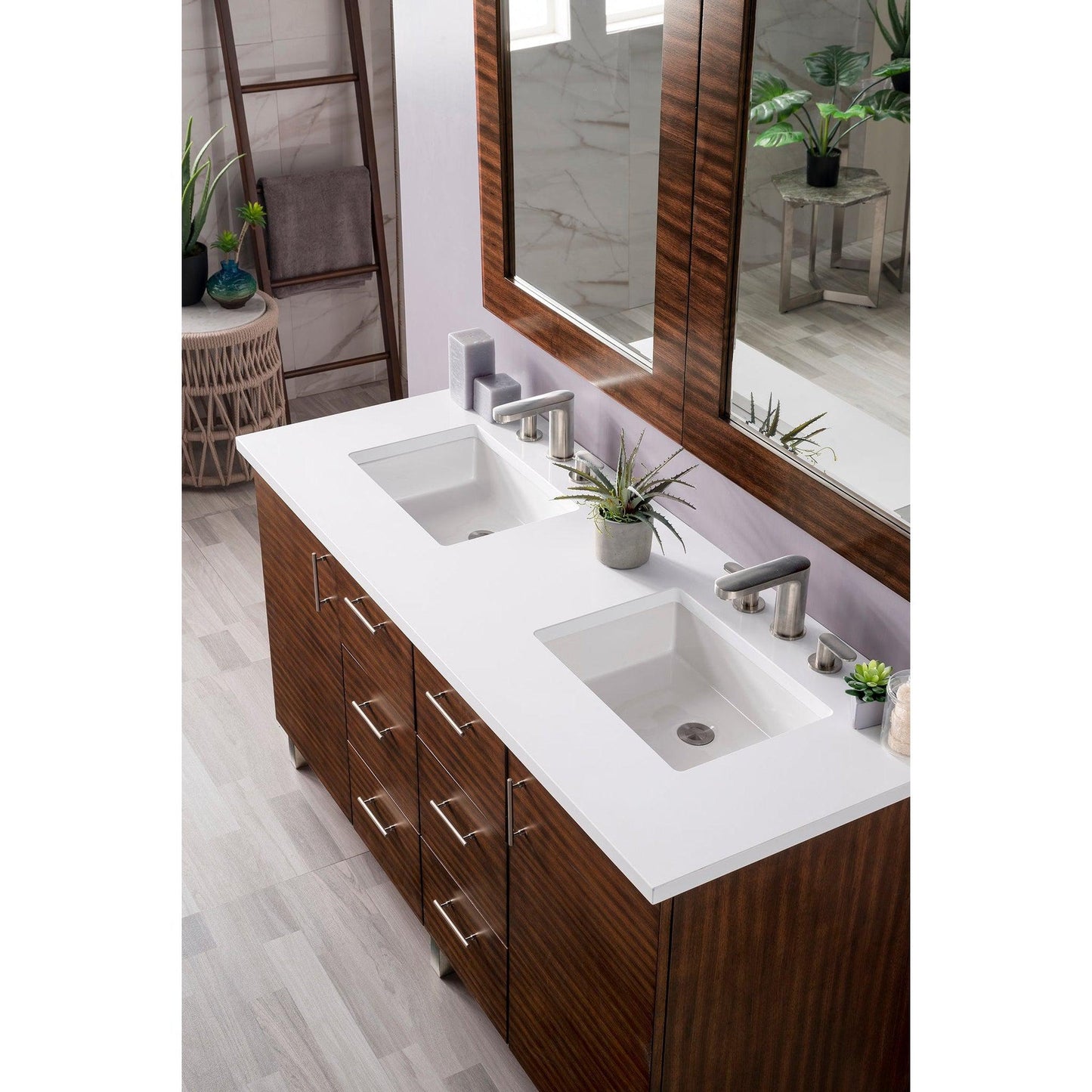 James Martin Metropolitan 60" Double American Walnut Bathroom Vanity With 1" Classic White Quartz Top and Rectangular Ceramic Sink