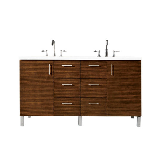 James Martin Metropolitan 60" Double American Walnut Bathroom Vanity With 1" Classic White Quartz Top and Rectangular Ceramic Sink