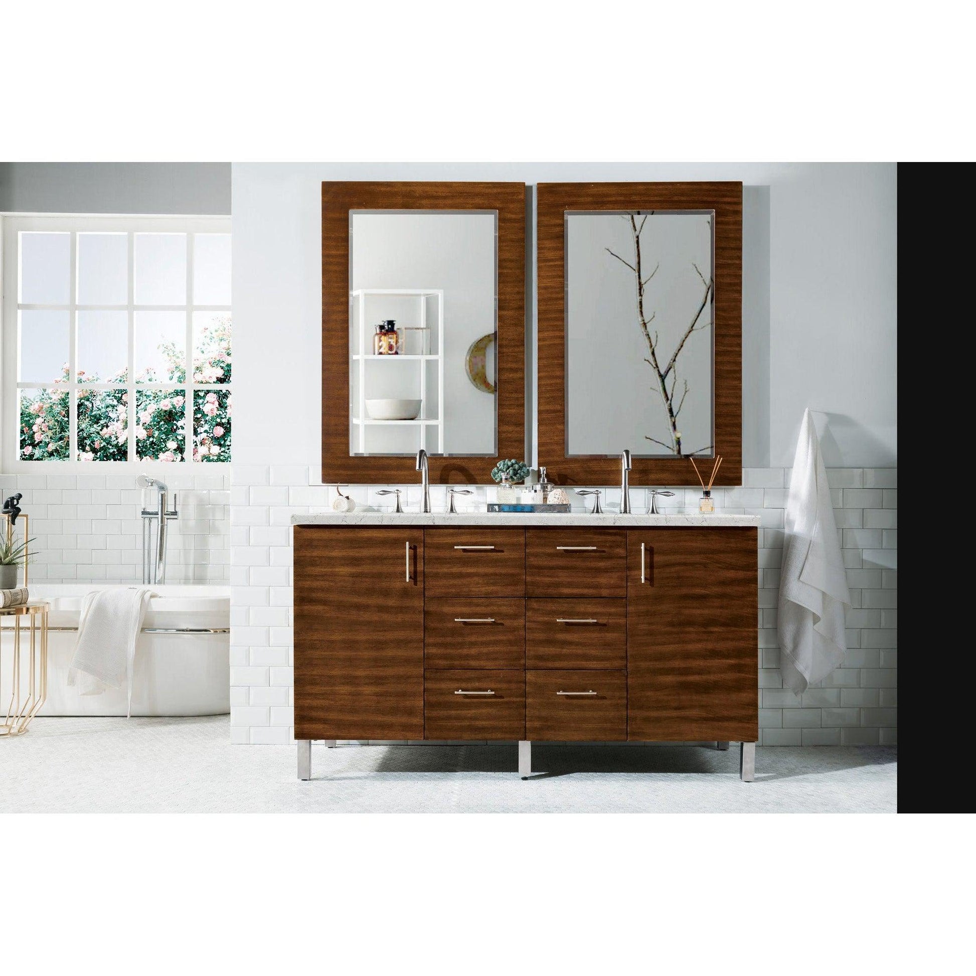James Martin Metropolitan 60" Double American Walnut Bathroom Vanity With 1" Eternal Jasmine Pearl Quartz Top and Rectangular Ceramic Sink
