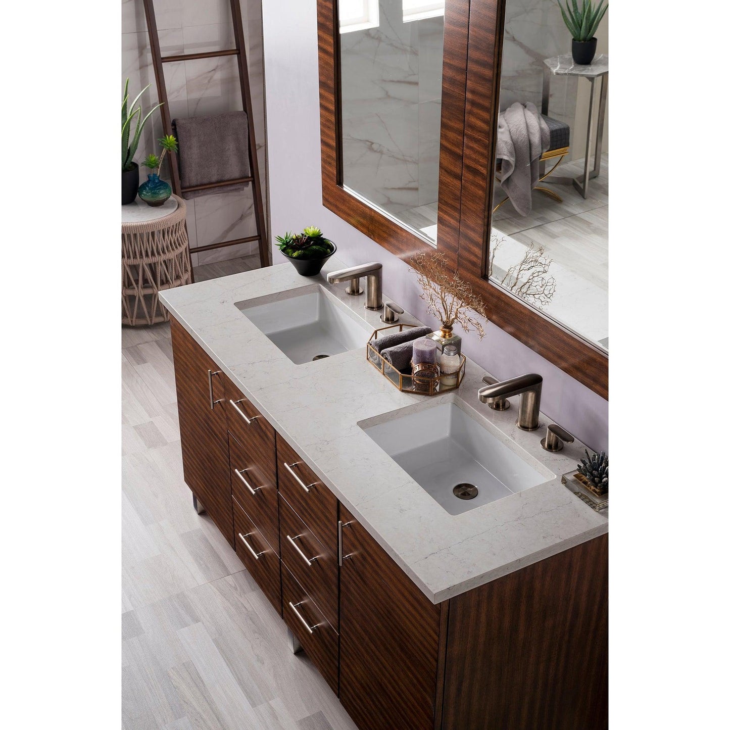 James Martin Metropolitan 60" Double American Walnut Bathroom Vanity With 1" Eternal Jasmine Pearl Quartz Top and Rectangular Ceramic Sink