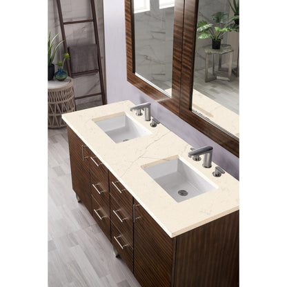 James Martin Metropolitan 60" Double American Walnut Bathroom Vanity With 1" Eternal Marfil Quartz Top and Rectangular Ceramic Sink