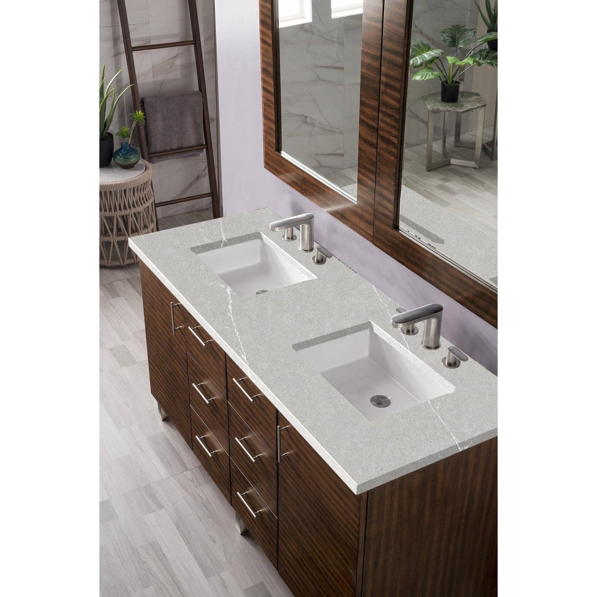 James Martin Metropolitan 60" Double American Walnut Bathroom Vanity With 1" Eternal Serena Quartz Top and Rectangular Ceramic Sink