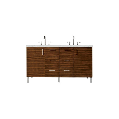 James Martin Metropolitan 60" Double American Walnut Bathroom Vanity With 1" Ethereal Noctis Quartz Top and Rectangular Ceramic Sink