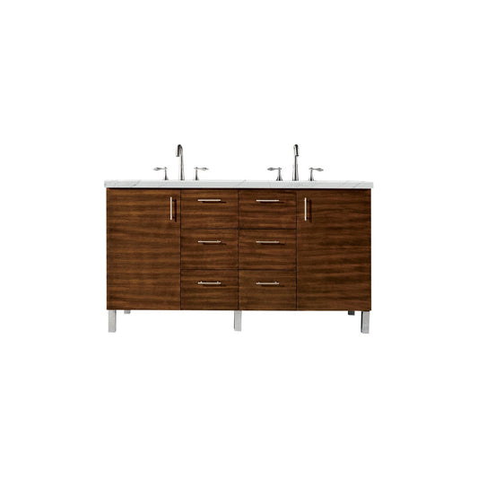 James Martin Metropolitan 60" Double American Walnut Bathroom Vanity With 1" Ethereal Noctis Quartz Top and Rectangular Ceramic Sink