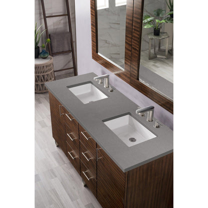James Martin Metropolitan 60" Double American Walnut Bathroom Vanity With 1" Gray Expo Quartz Top and Rectangular Ceramic Sink