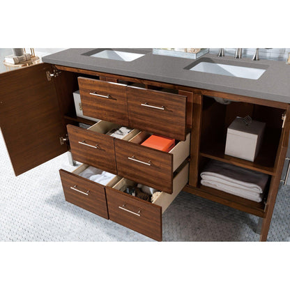 James Martin Metropolitan 60" Double American Walnut Bathroom Vanity With 1" Gray Expo Quartz Top and Rectangular Ceramic Sink