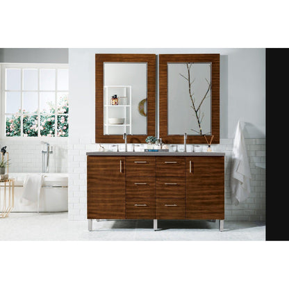 James Martin Metropolitan 60" Double American Walnut Bathroom Vanity With 1" Gray Expo Quartz Top and Rectangular Ceramic Sink