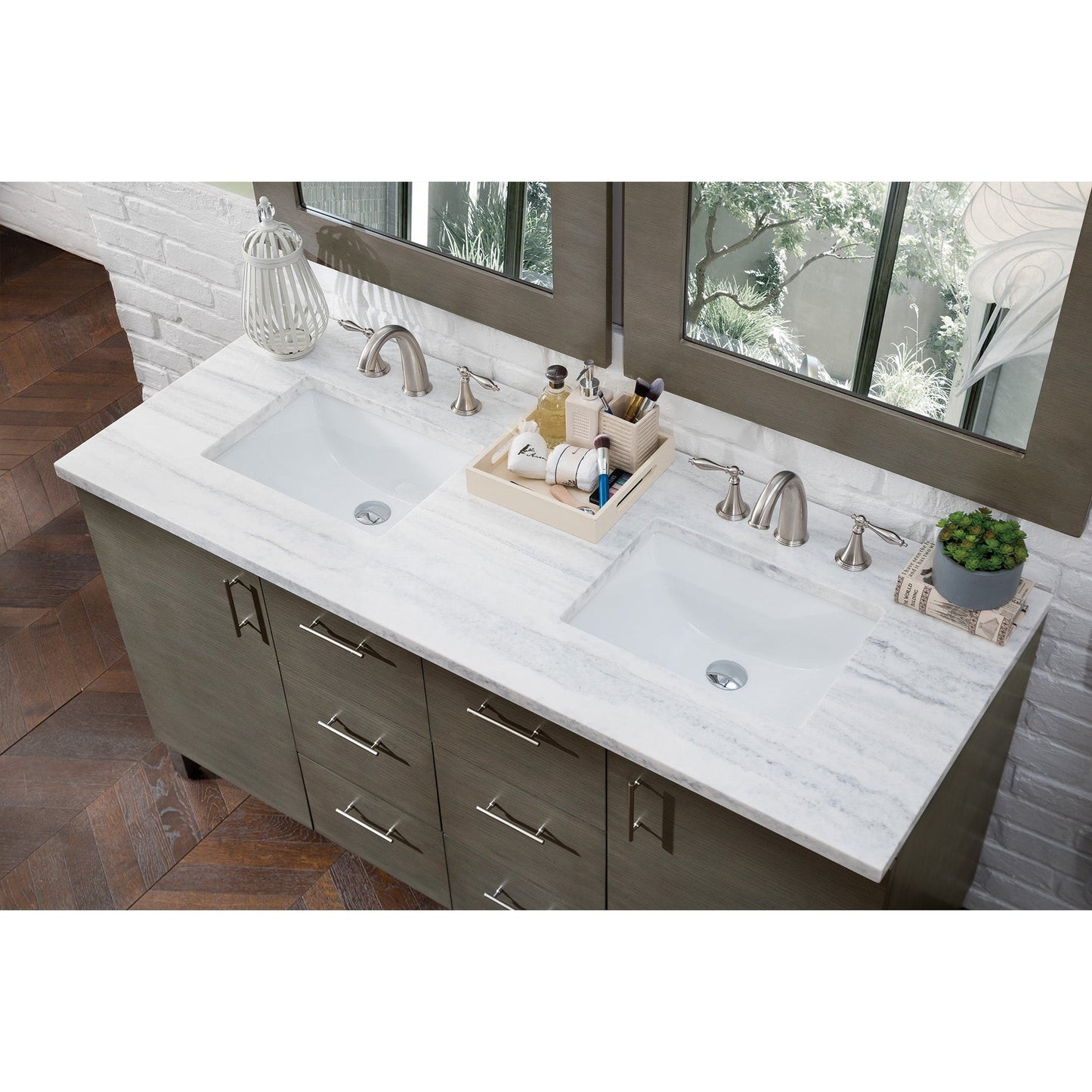 James Martin Metropolitan 60" Double Silver Oak Bathroom Vanity With 1" Arctic Fall Solid Surface Top and Rectangular Ceramic Sink