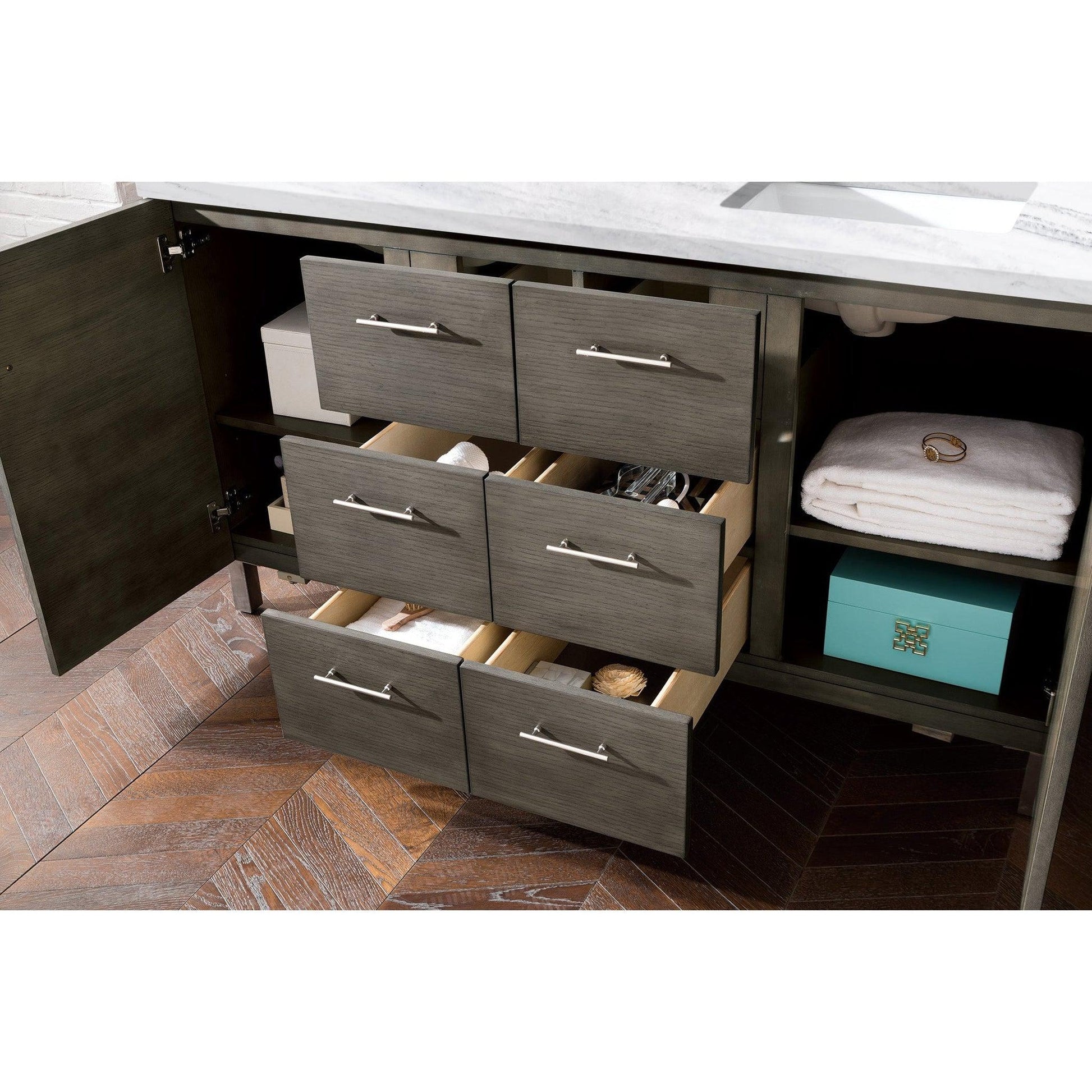 James Martin Metropolitan 60" Double Silver Oak Bathroom Vanity With 1" Arctic Fall Solid Surface Top and Rectangular Ceramic Sink