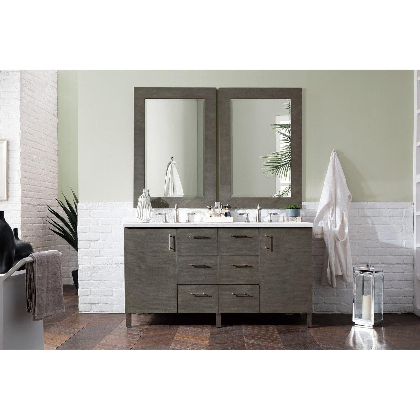 James Martin Metropolitan 60" Double Silver Oak Bathroom Vanity With 1" Arctic Fall Solid Surface Top and Rectangular Ceramic Sink