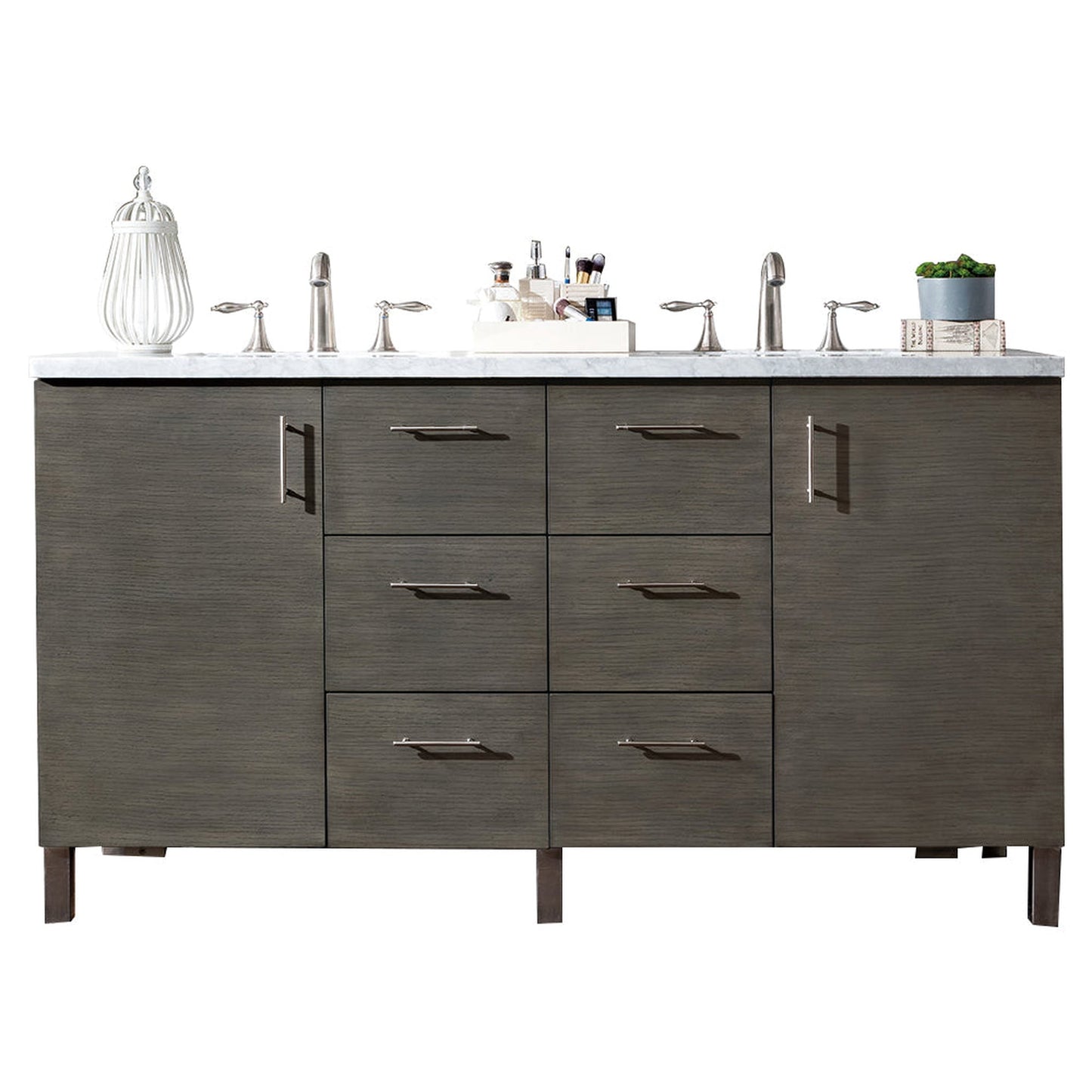 James Martin Metropolitan 60" Double Silver Oak Bathroom Vanity With 1" Arctic Fall Solid Surface Top and Rectangular Ceramic Sink
