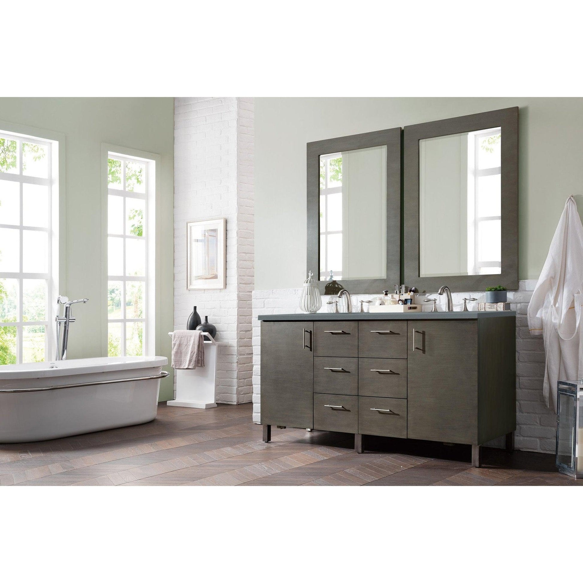 James Martin Metropolitan 60" Double Silver Oak Bathroom Vanity With 1" Cala Blue Quartz Top and Rectangular Ceramic Sink