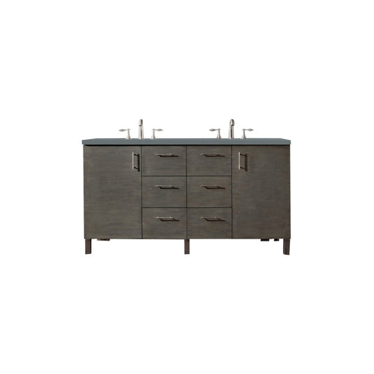 James Martin Metropolitan 60" Double Silver Oak Bathroom Vanity With 1" Cala Blue Quartz Top and Rectangular Ceramic Sink