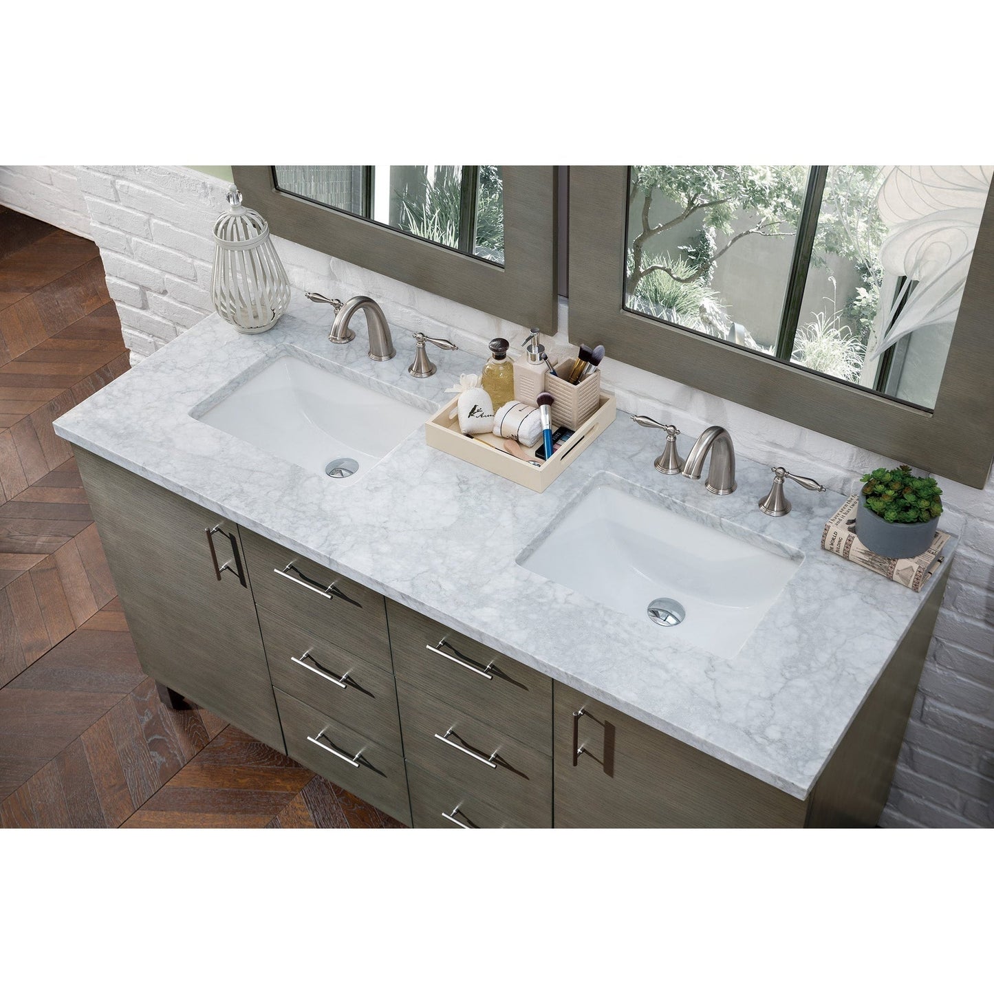 James Martin Metropolitan 60" Double Silver Oak Bathroom Vanity With 1" Carrara Marble Top and Rectangular Ceramic Sink