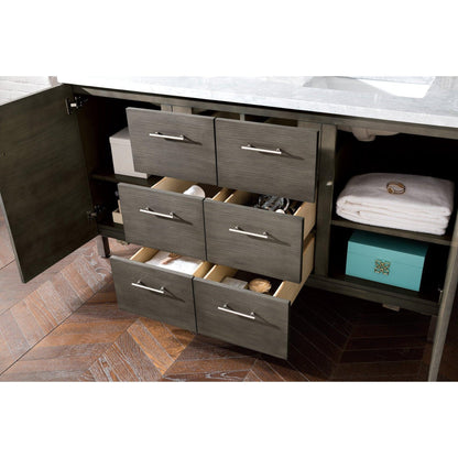 James Martin Metropolitan 60" Double Silver Oak Bathroom Vanity With 1" Carrara Marble Top and Rectangular Ceramic Sink