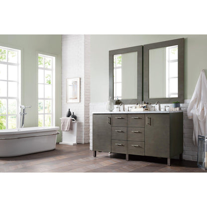James Martin Metropolitan 60" Double Silver Oak Bathroom Vanity With 1" Carrara Marble Top and Rectangular Ceramic Sink
