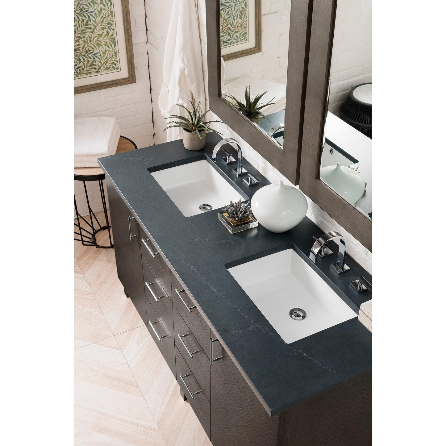 James Martin Metropolitan 60" Double Silver Oak Bathroom Vanity With 1" Charcoal Soapstone Quartz Top and Rectangular Ceramic Sink