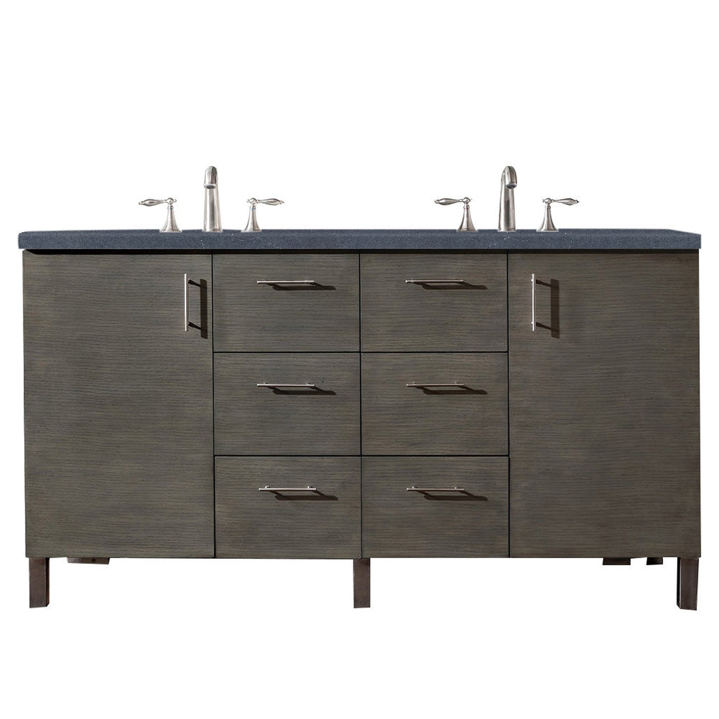 James Martin Metropolitan 60" Double Silver Oak Bathroom Vanity With 1" Charcoal Soapstone Quartz Top and Rectangular Ceramic Sink