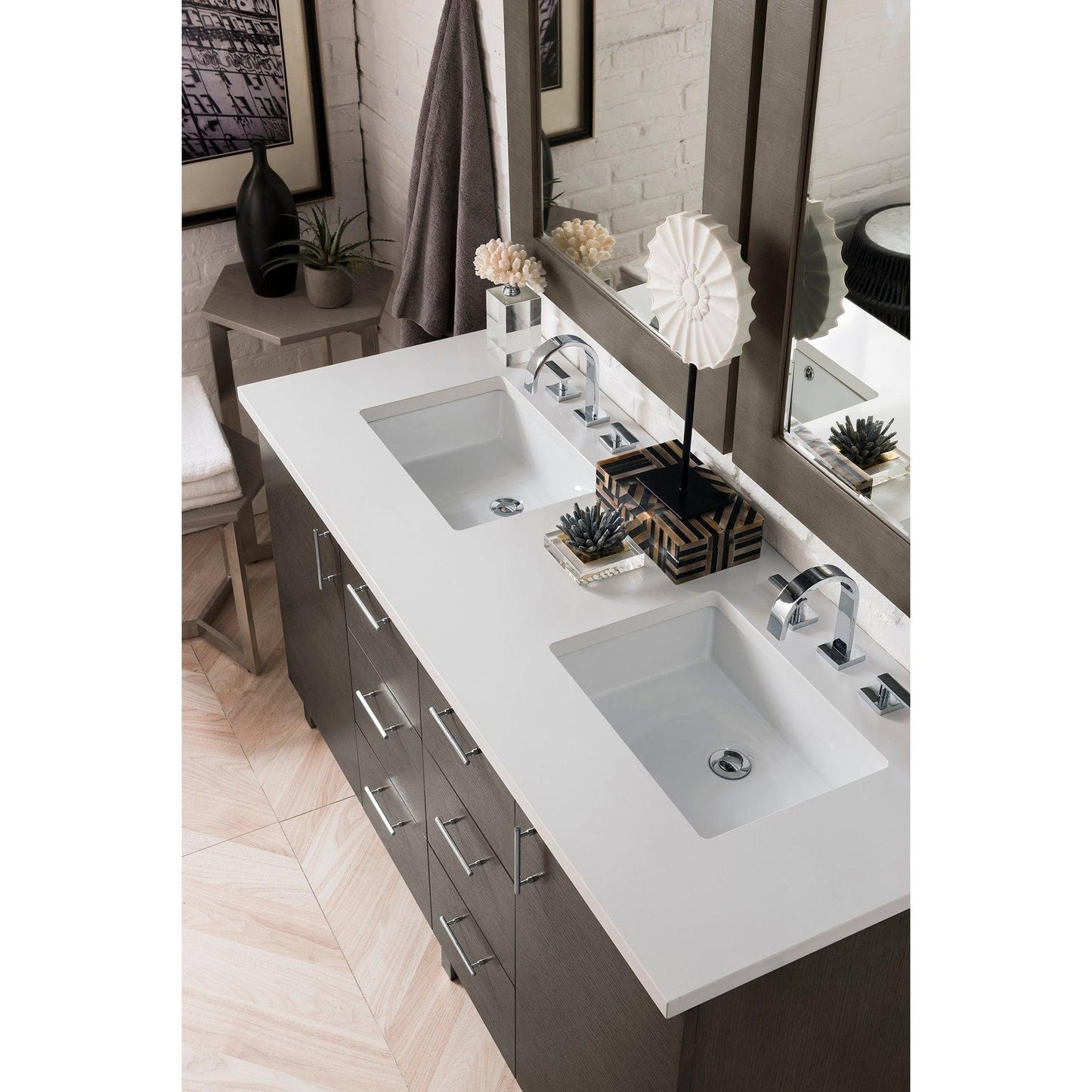 James Martin Metropolitan 60" Double Silver Oak Bathroom Vanity With 1" Classic White Quartz Top and Rectangular Ceramic Sink
