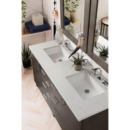James Martin Metropolitan 60" Double Silver Oak Bathroom Vanity With 1" Eternal Jasmine Pearl Quartz Top and Rectangular Ceramic Sink