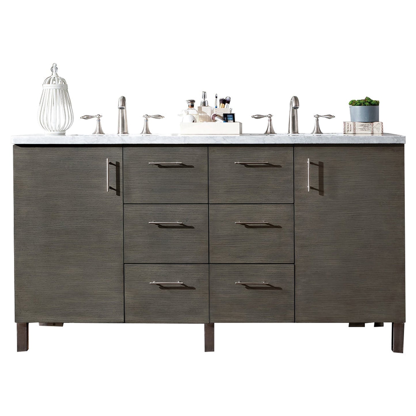 James Martin Metropolitan 60" Double Silver Oak Bathroom Vanity With 1" Eternal Jasmine Pearl Quartz Top and Rectangular Ceramic Sink