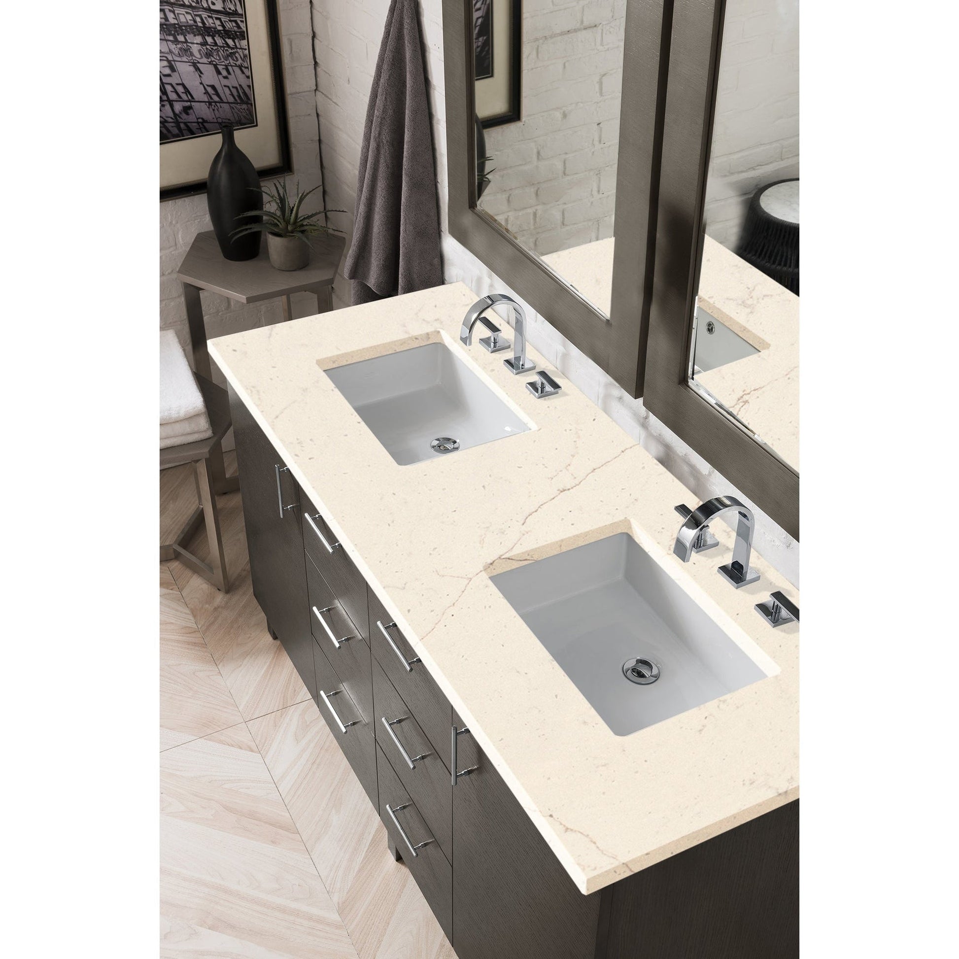 James Martin Metropolitan 60" Double Silver Oak Bathroom Vanity With 1" Eternal Marfil Quartz Top and Rectangular Ceramic Sink