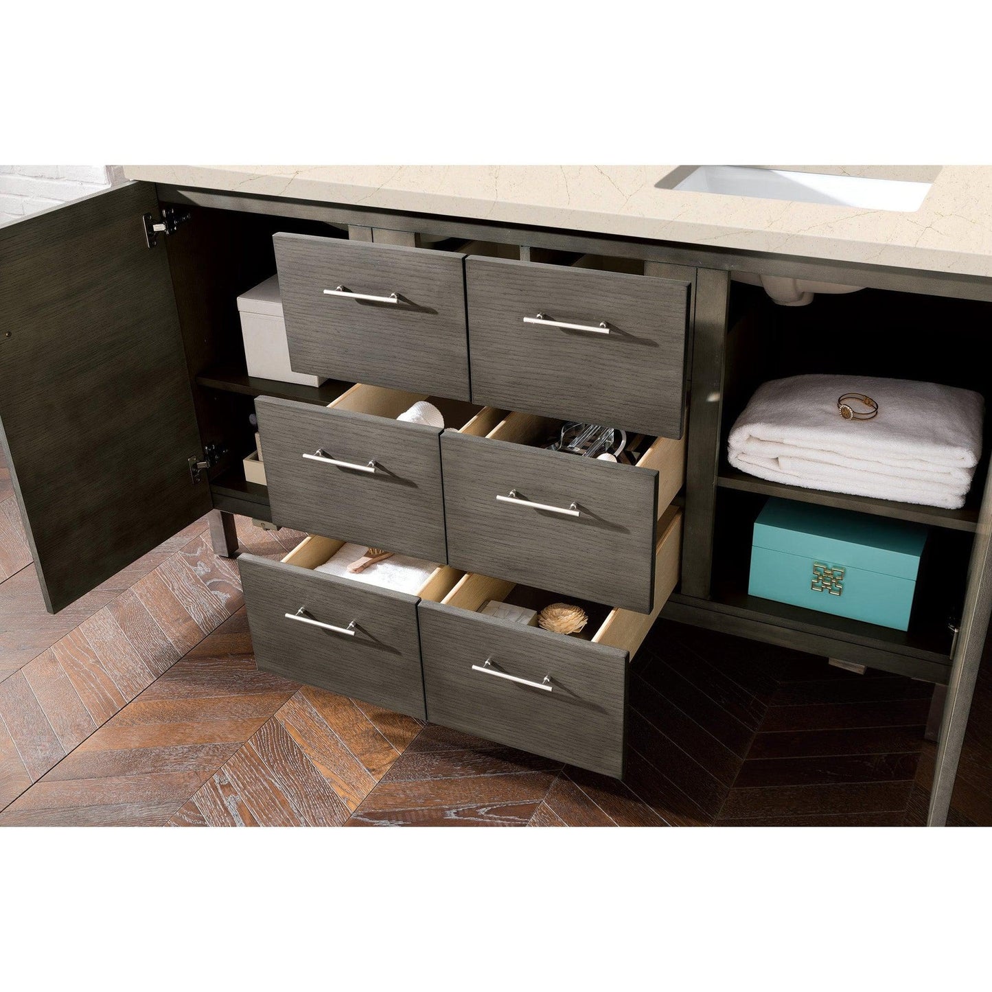 James Martin Metropolitan 60" Double Silver Oak Bathroom Vanity With 1" Eternal Marfil Quartz Top and Rectangular Ceramic Sink