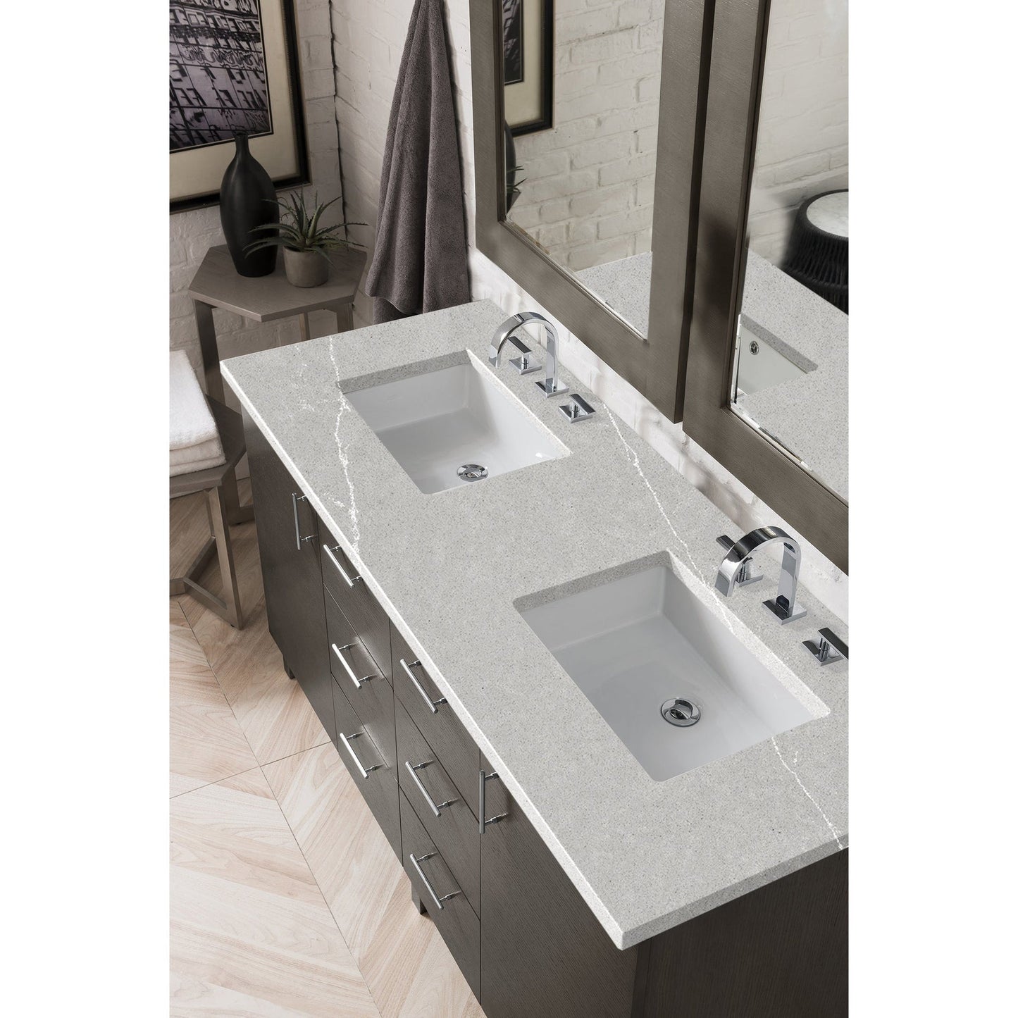James Martin Metropolitan 60" Double Silver Oak Bathroom Vanity With 1" Eternal Serena Quartz Top and Rectangular Ceramic Sink