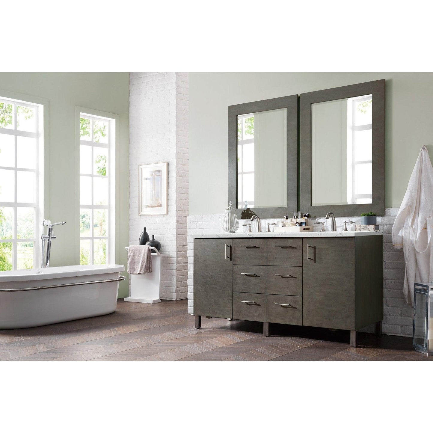 James Martin Metropolitan 60" Double Silver Oak Bathroom Vanity With 1" Ethereal Noctis Quartz Top and Rectangular Ceramic Sink