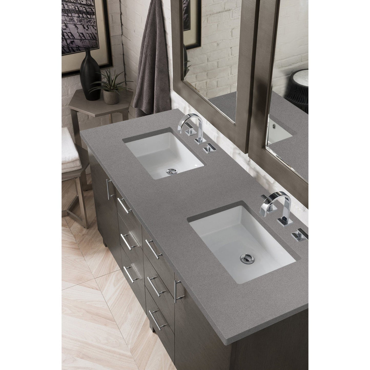 James Martin Metropolitan 60" Double Silver Oak Bathroom Vanity With 1" Gray Expo Quartz Top and Rectangular Ceramic Sink