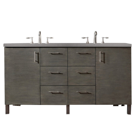 James Martin Metropolitan 60" Double Silver Oak Bathroom Vanity With 1" Gray Expo Quartz Top and Rectangular Ceramic Sink