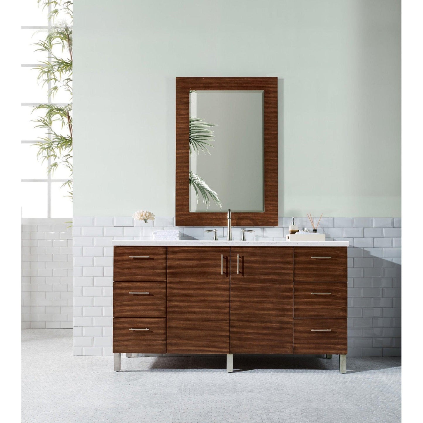 James Martin Metropolitan 60" Single American Walnut Bathroom Vanity With 1" Arctic Fall Solid Surface Top and Rectangular Ceramic Sink