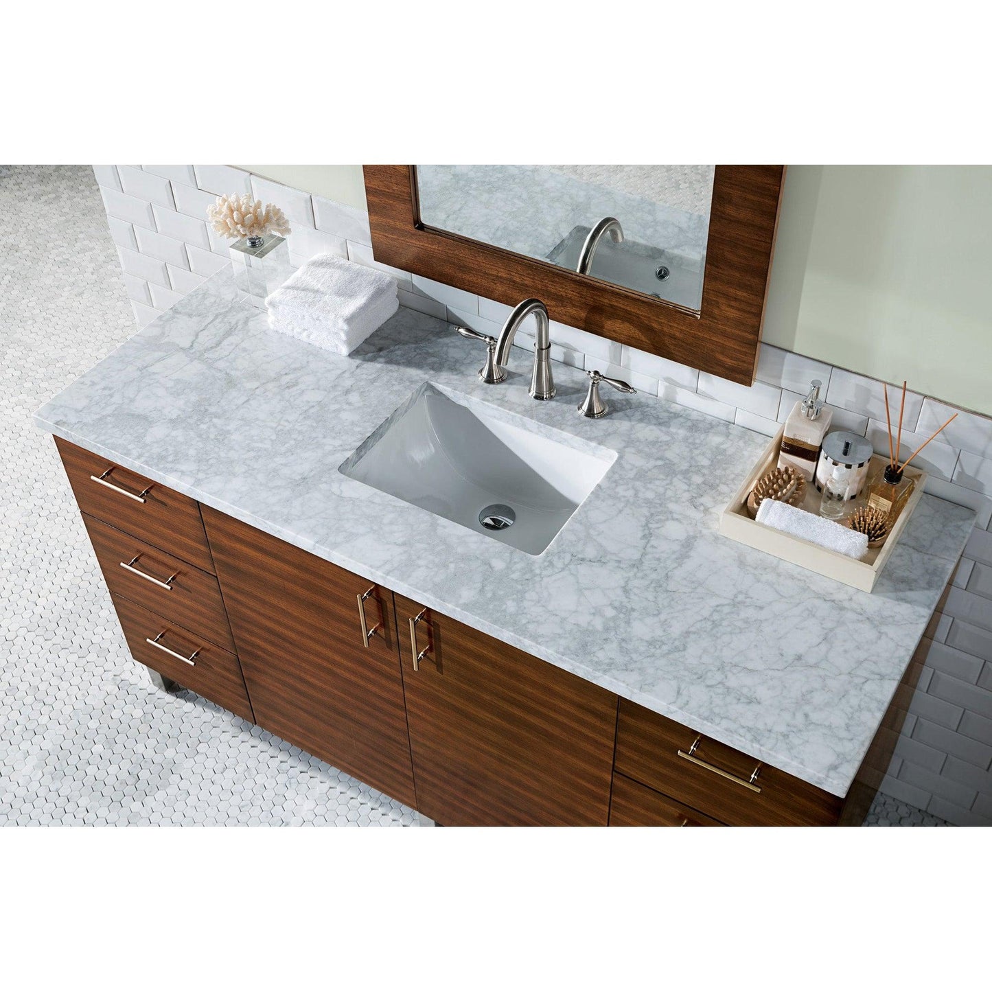 James Martin Metropolitan 60" Single American Walnut Bathroom Vanity With 1" Carrara Marble Top and Rectangular Ceramic Sink